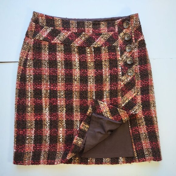 LOFT Chocolate Brown Plaid Wool Mini Skirt Collegiate Schoolgirl Preppy  Size 2 - Picture 2 of 9